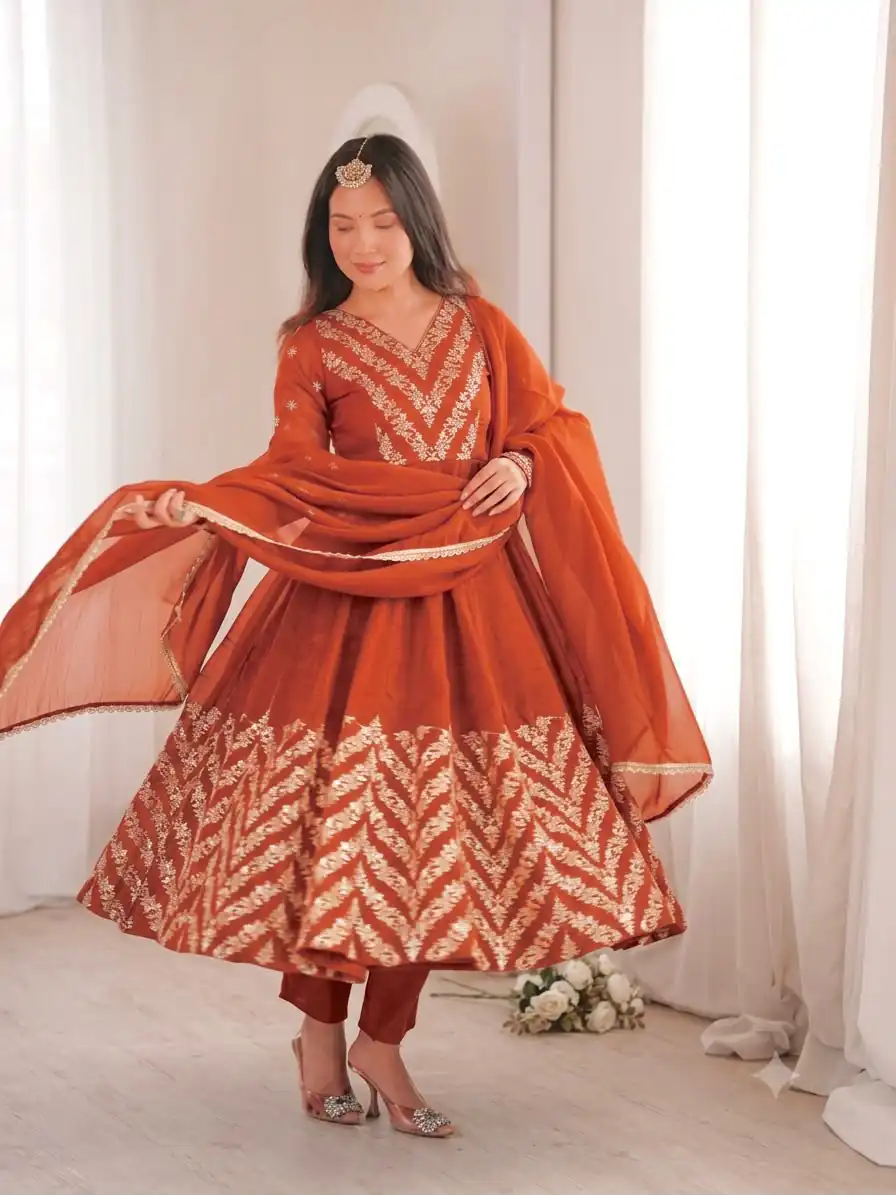 Fancy Orange Crunchy Silk Embroider Work Anarkali Suit