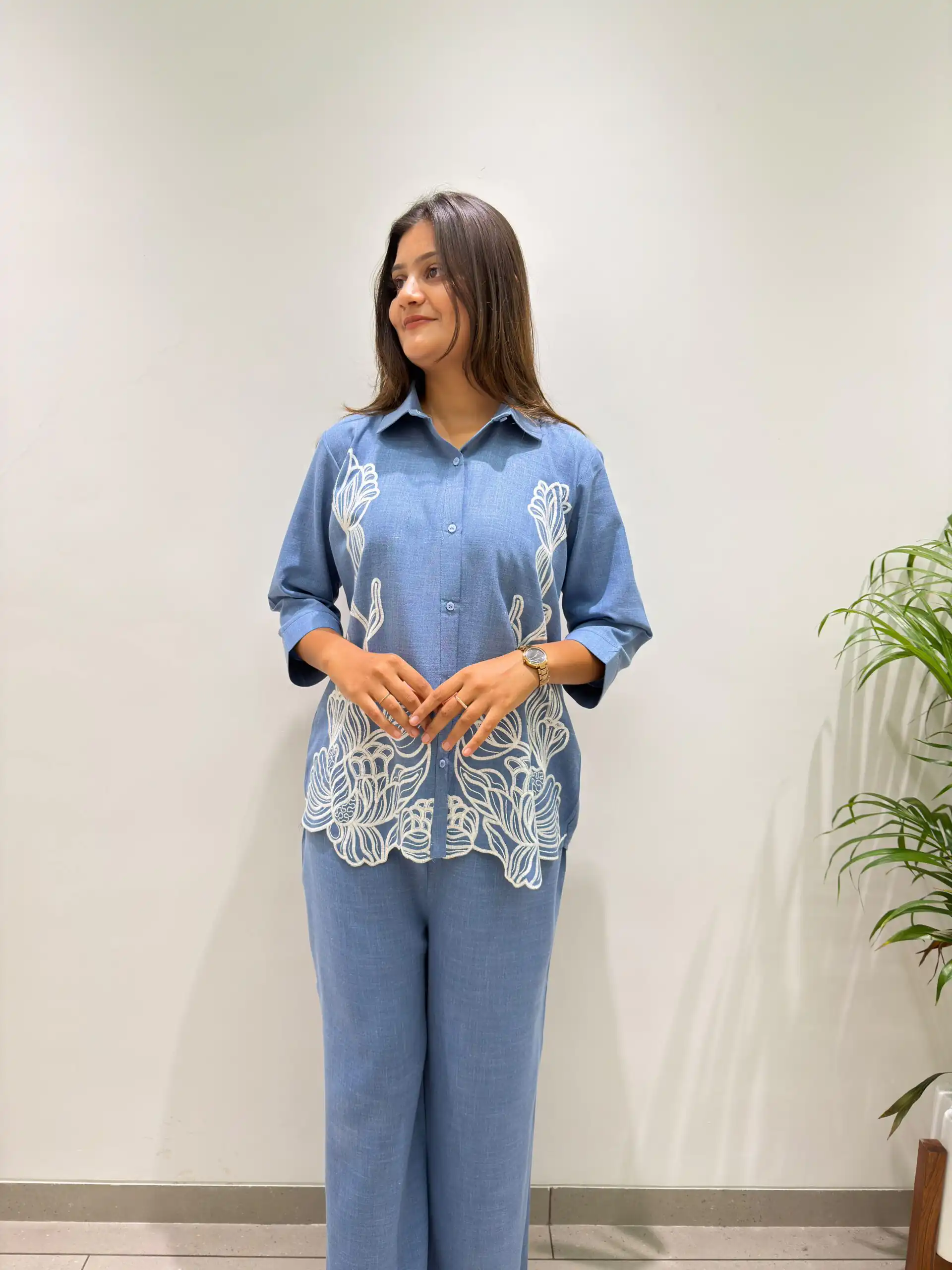 Glowing Blue Cotton Denim Embroider Work Kurti - Image 2