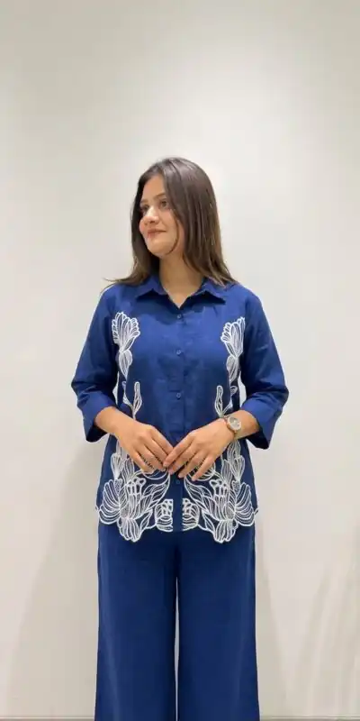 Alternative view of Glowing Navy Blue Cotton Denim Embroidery Work Kurti