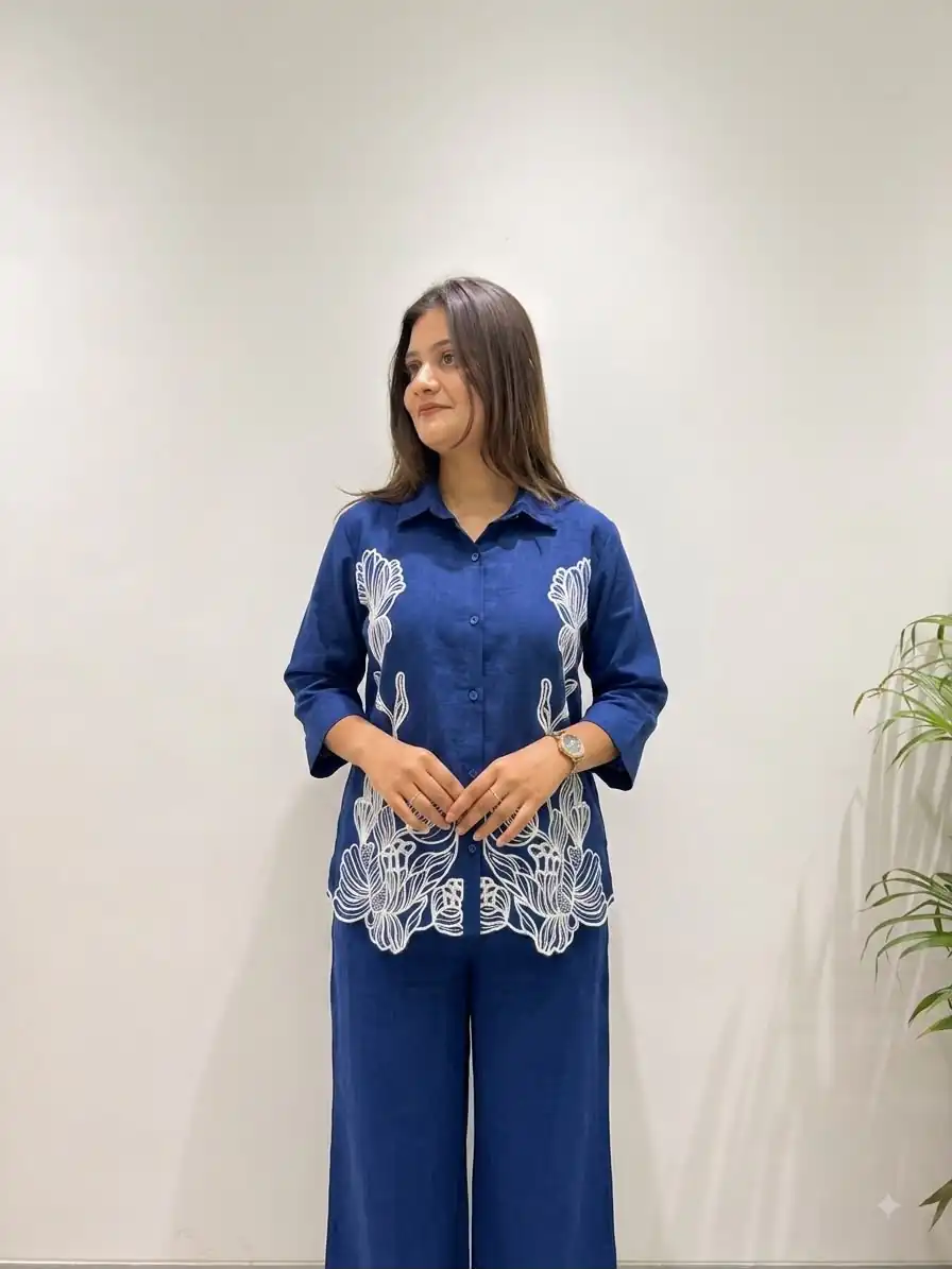 Glowing Navy Blue Cotton Denim Embroidery Work Kurti - Image 2