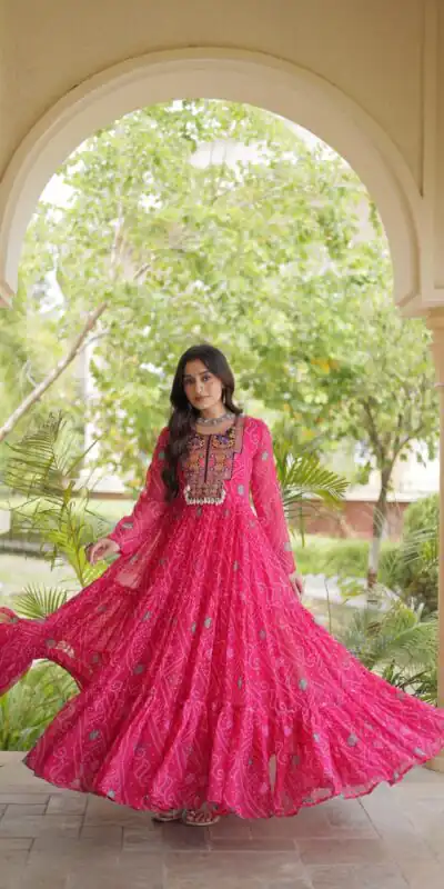 Glowing Pink Faux Georgette Bandhani Print Work Gown