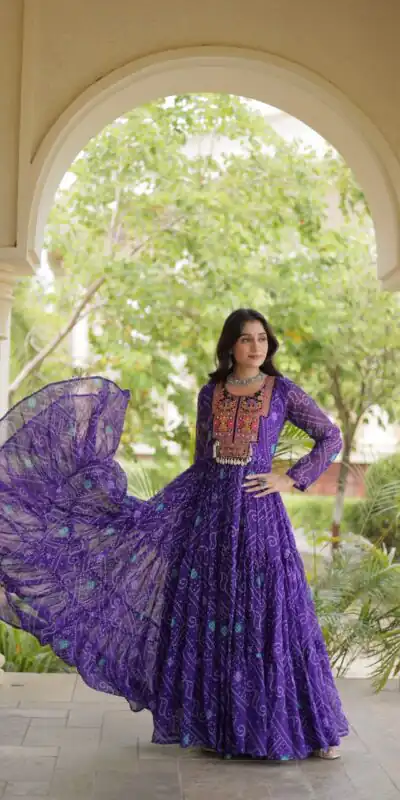 Glowing Purple Faux Georgette Bandhani Print Work Gown
