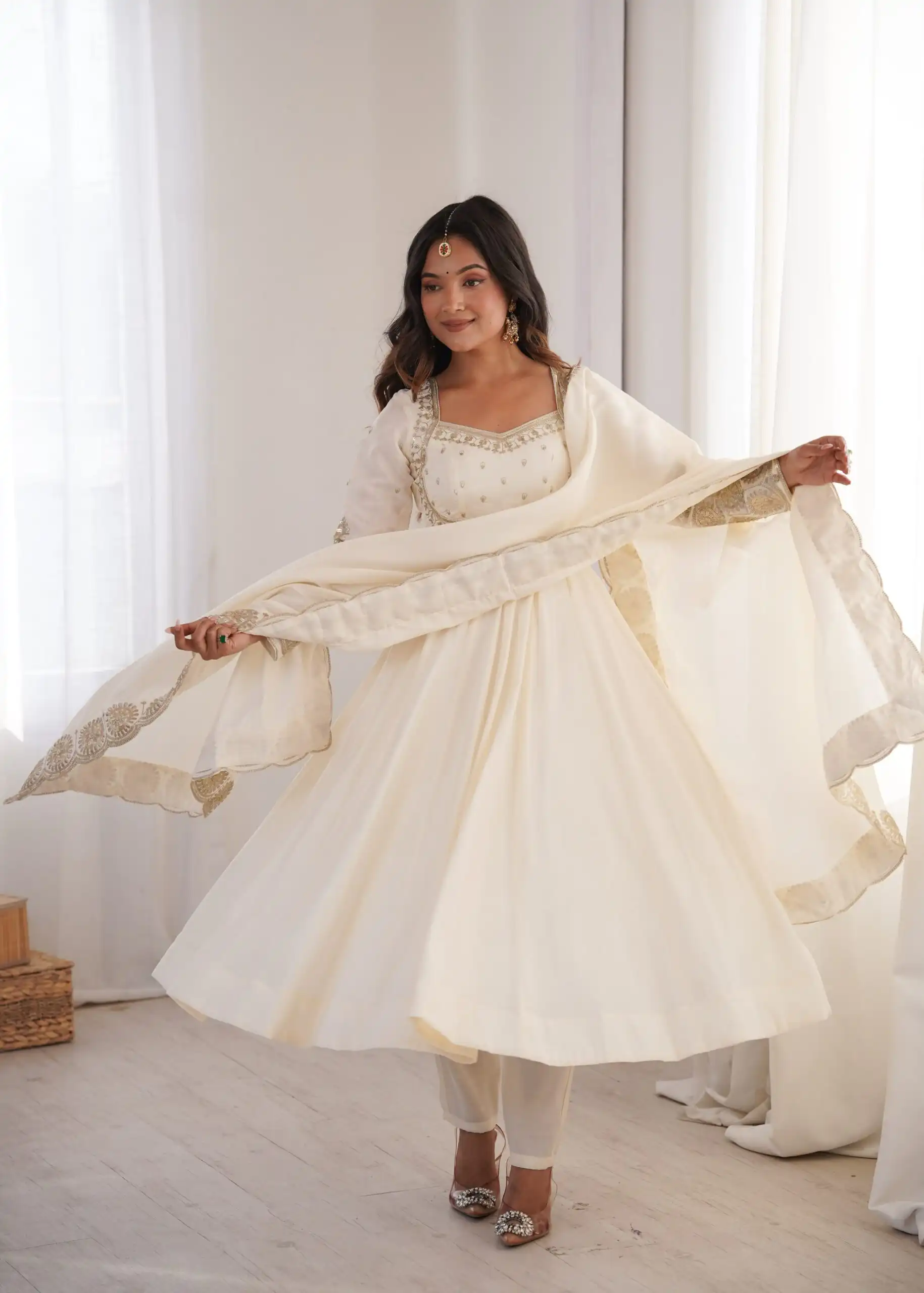 Glowing White Roman Silk Embroidery Work Anarkali Suit