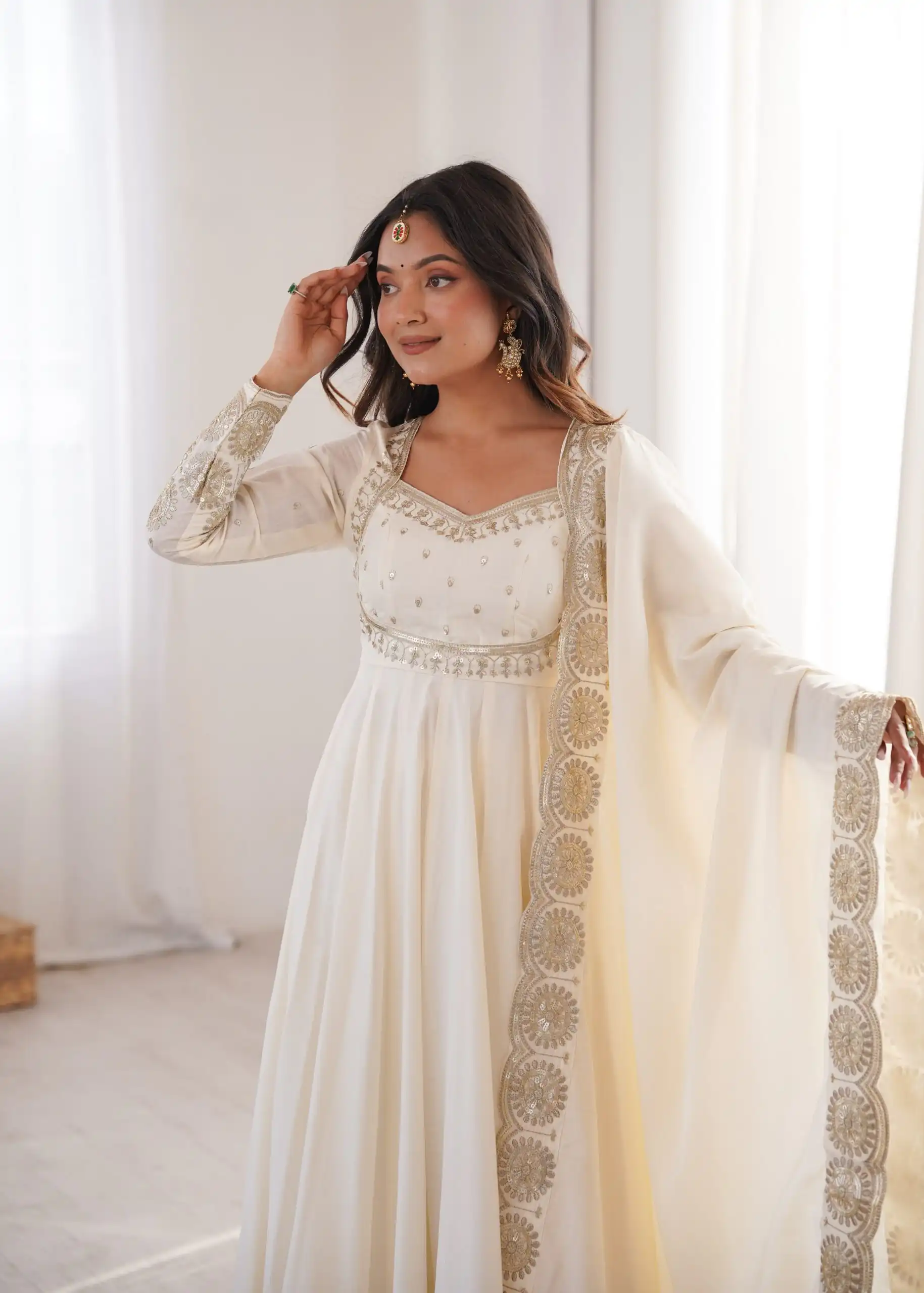 Glowing White Roman Silk Embroidery Work Anarkali Suit - Image 9