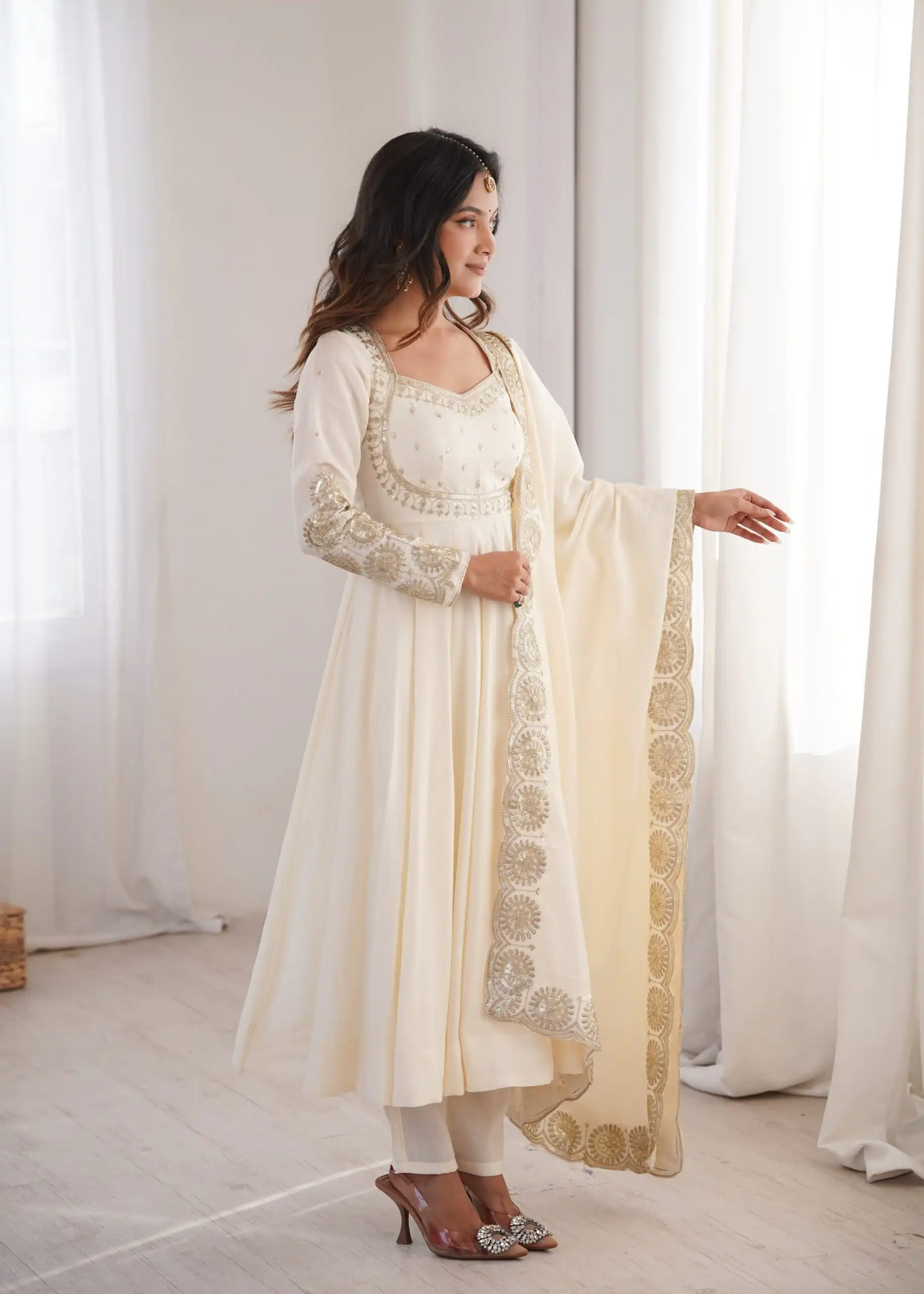 Glowing White Roman Silk Embroidery Work Anarkali Suit - Image 8