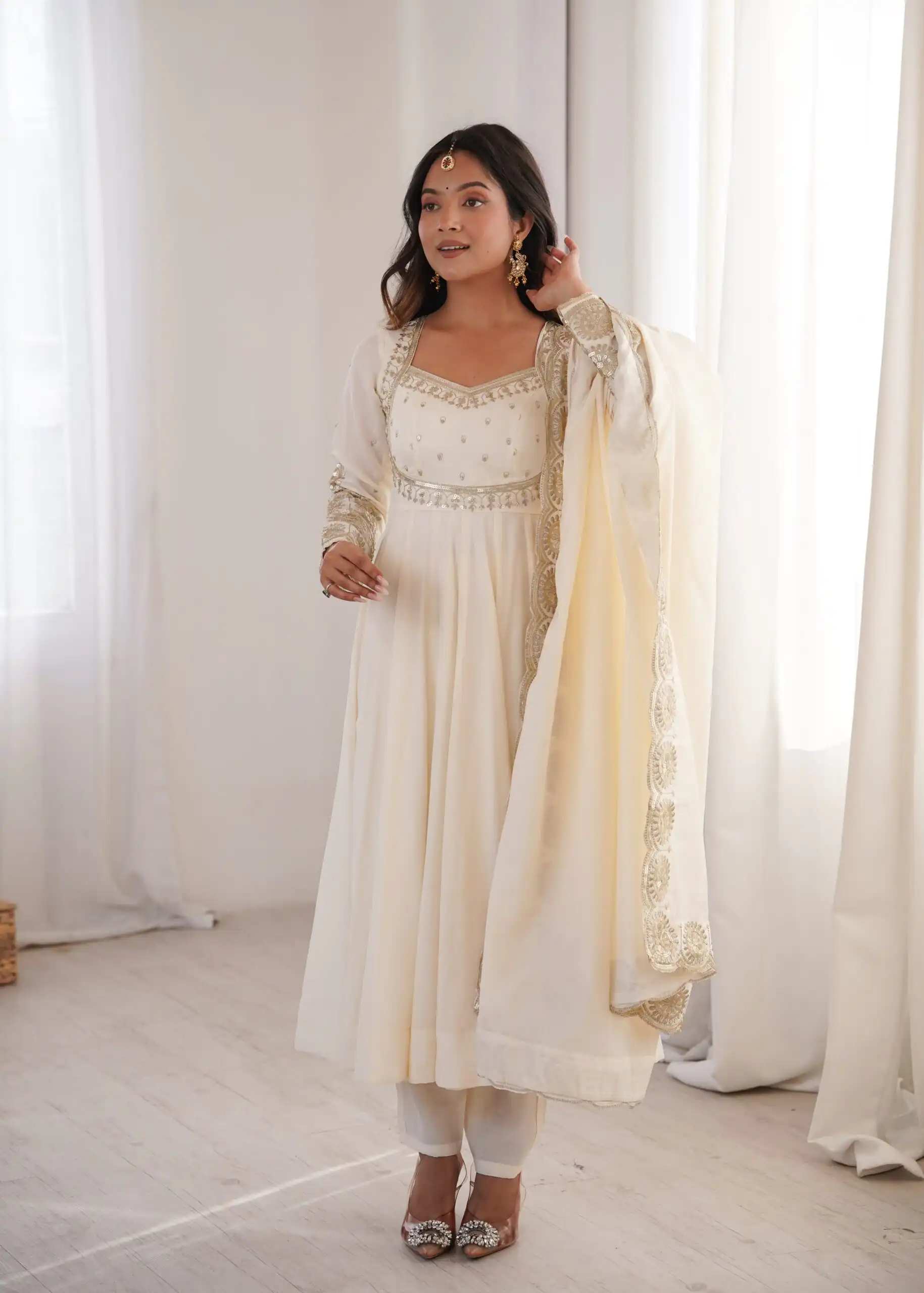 Glowing White Roman Silk Embroidery Work Anarkali Suit - Image 6