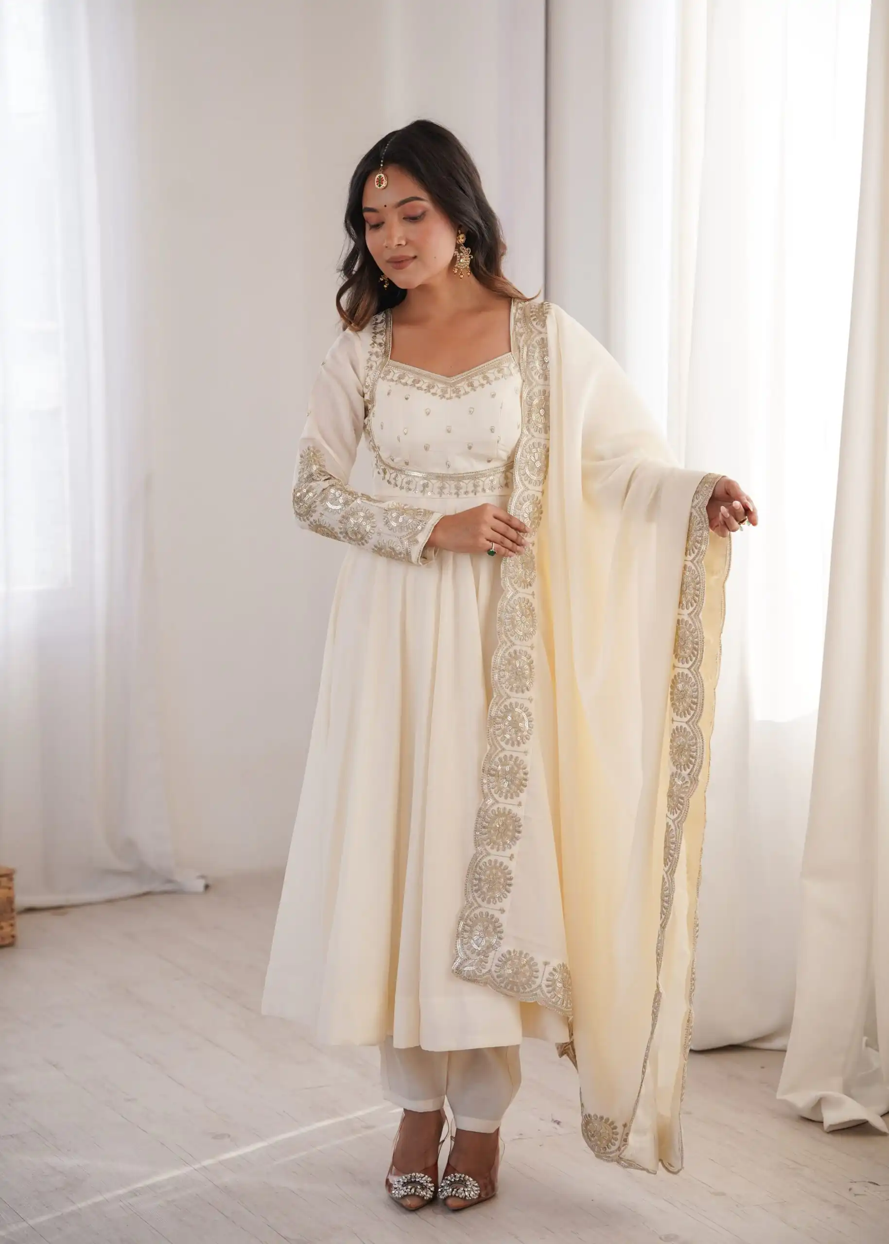 Glowing White Roman Silk Embroidery Work Anarkali Suit - Image 5