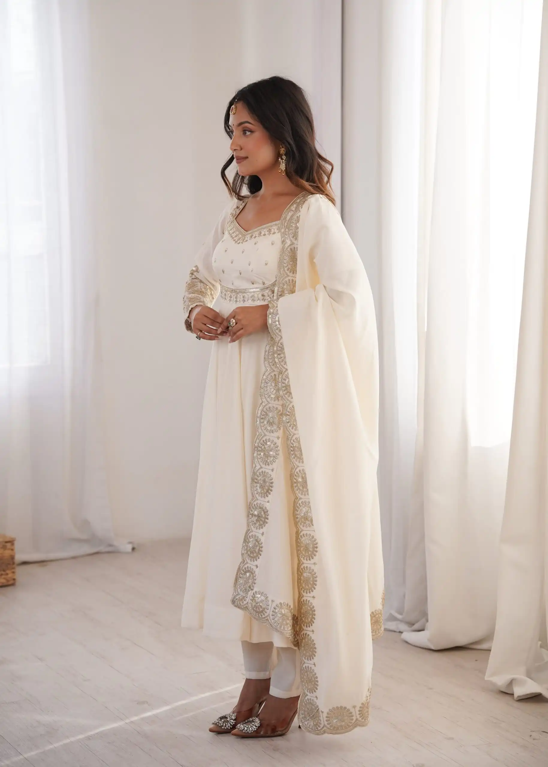 Glowing White Roman Silk Embroidery Work Anarkali Suit - Image 4