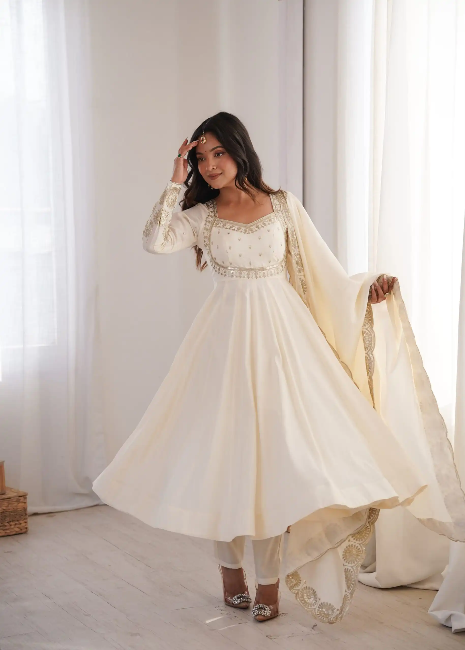 Glowing White Roman Silk Embroidery Work Anarkali Suit - Image 3