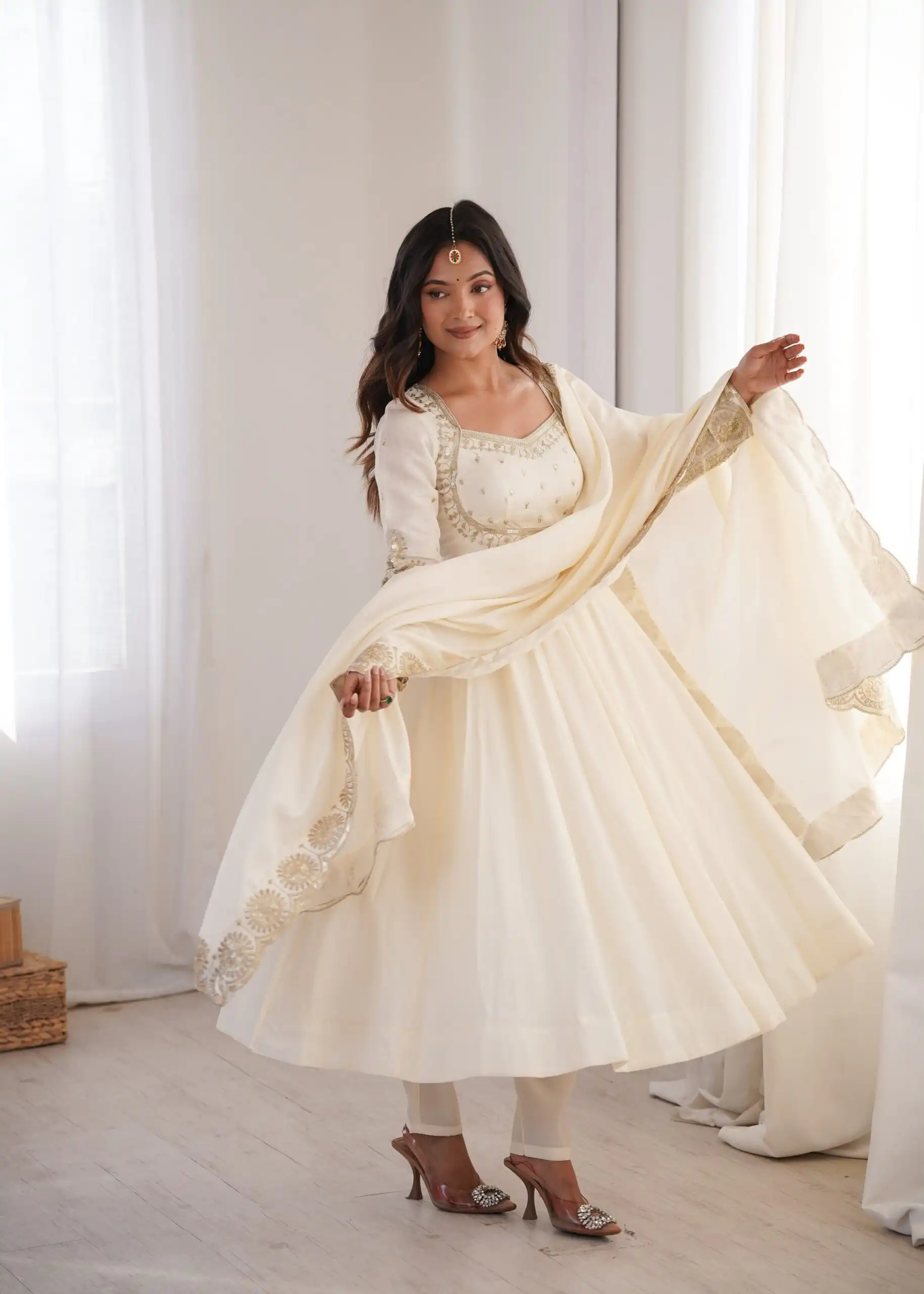 Glowing White Roman Silk Embroidery Work Anarkali Suit - Image 2
