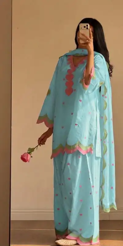 Graceful Blue Mul Chanderi Silk Embroidery Work Salwar Suit