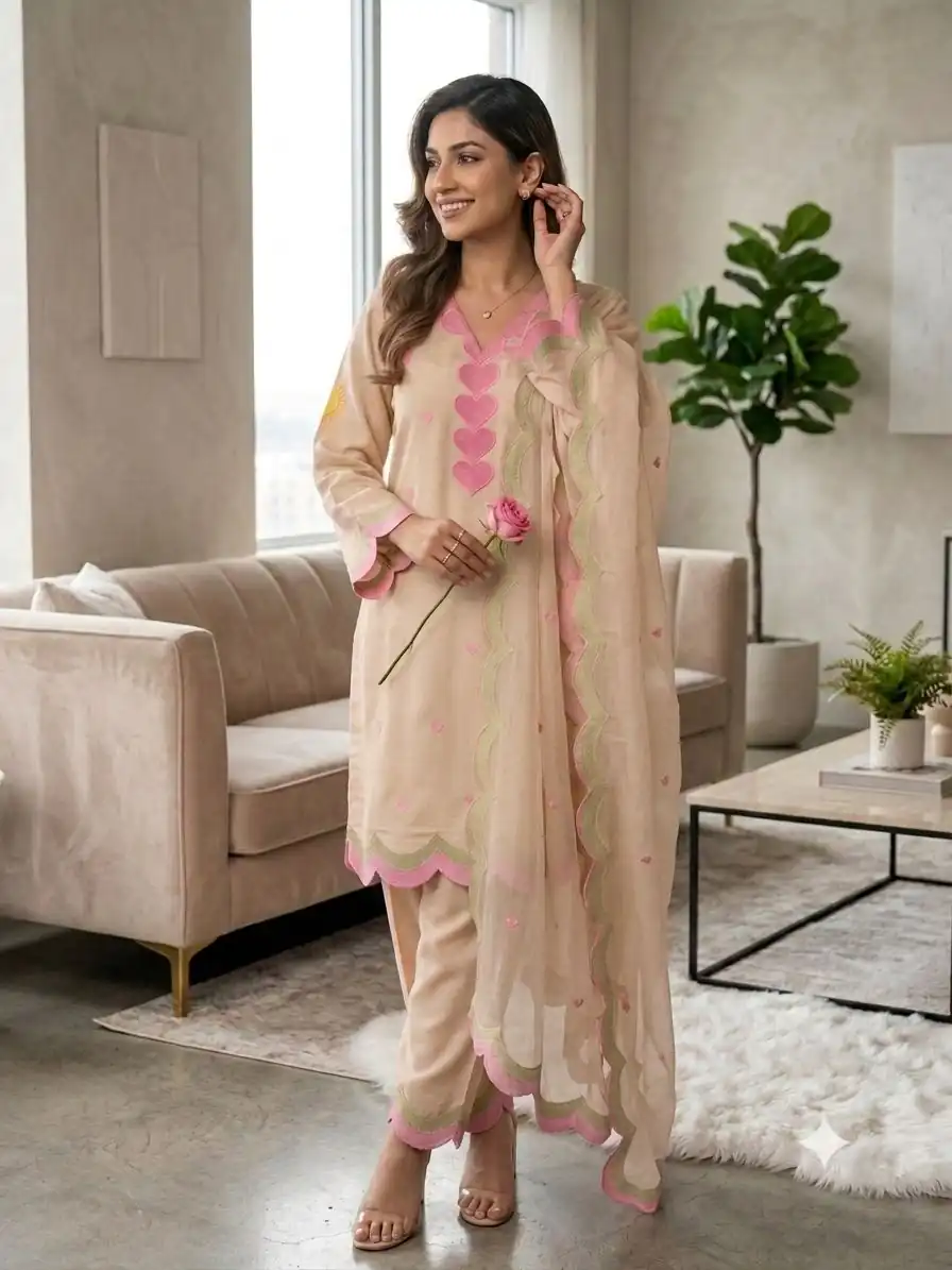 Graceful Chiku Mul Chanderi Silk Embroidery Work Salwar Suit - Image 2