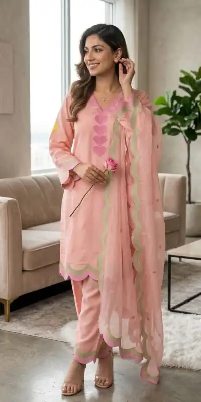 Graceful Peach Mul Chanderi Silk Embroidery Work Salwar Suit