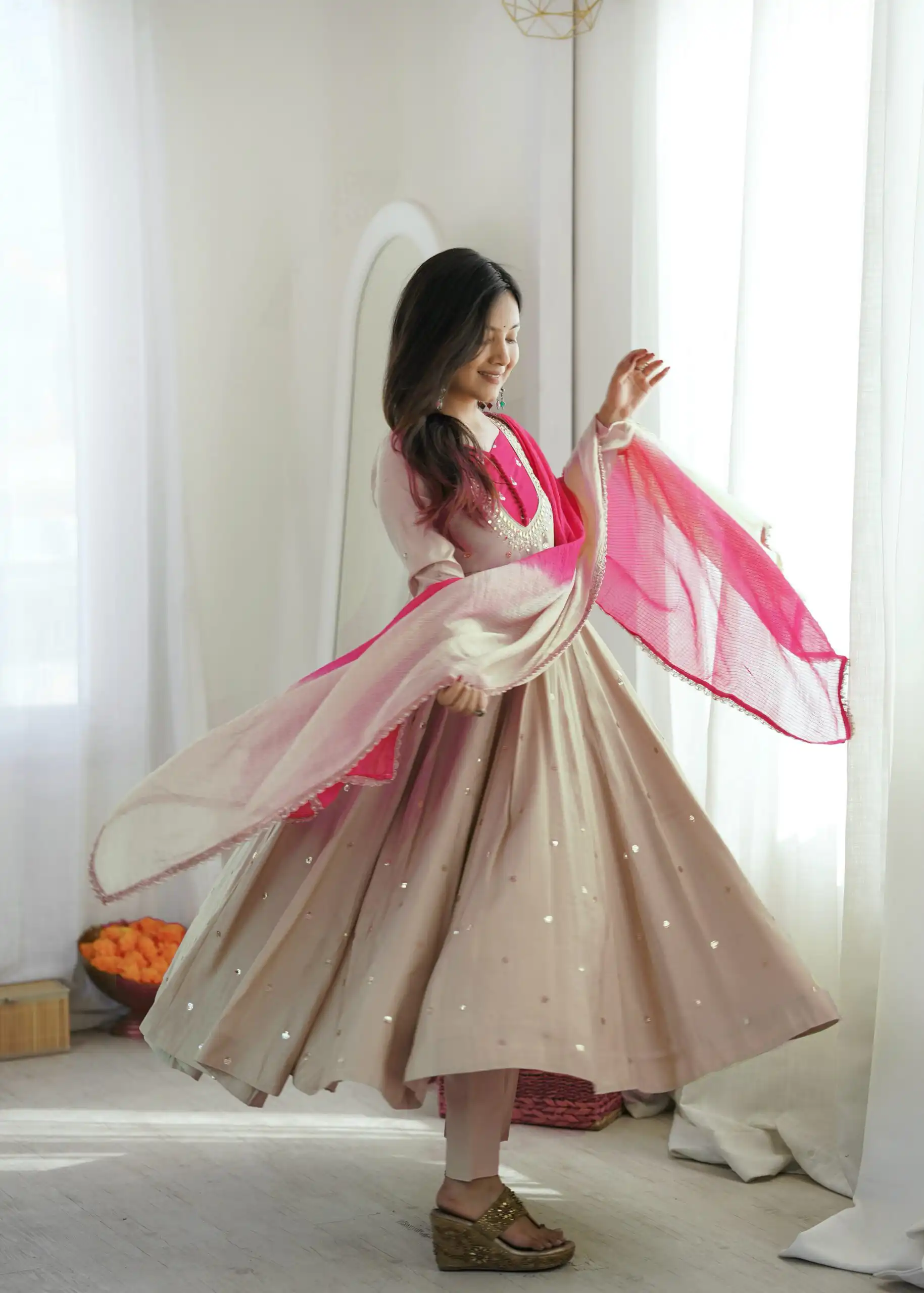 Lovely White Roman Silk Mirror Embroidery Work Gown - Image 7