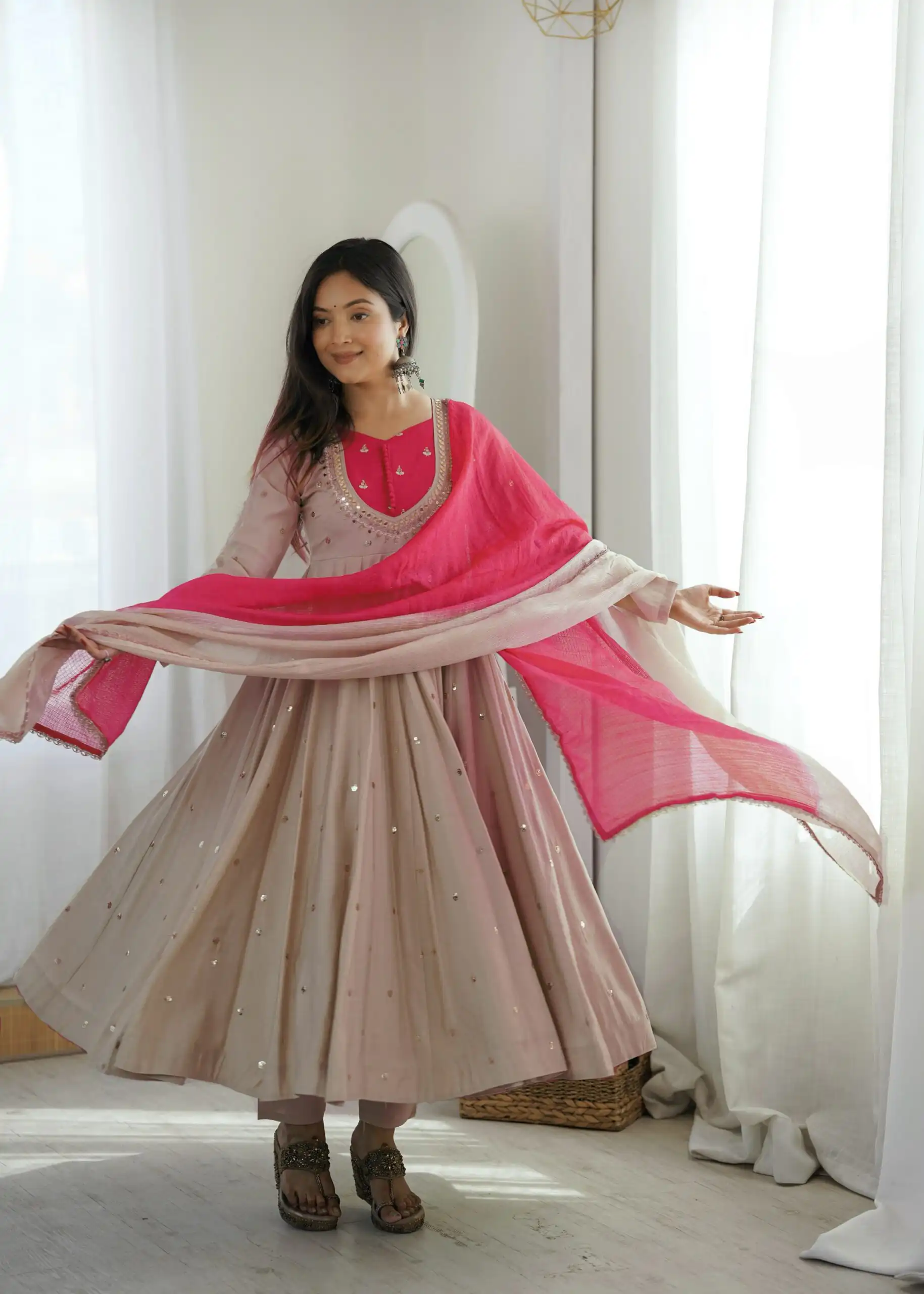 Lovely White Roman Silk Mirror Embroidery Work Gown - Image 4