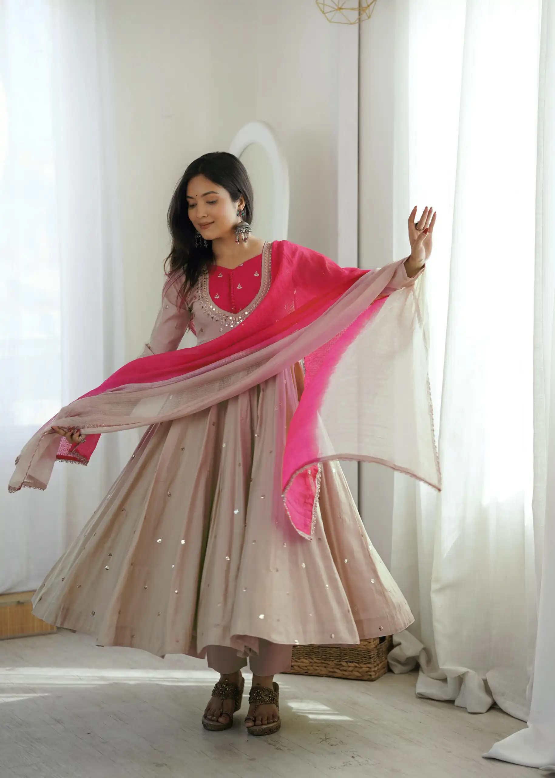 Lovely White Roman Silk Mirror Embroidery Work Gown - Image 3