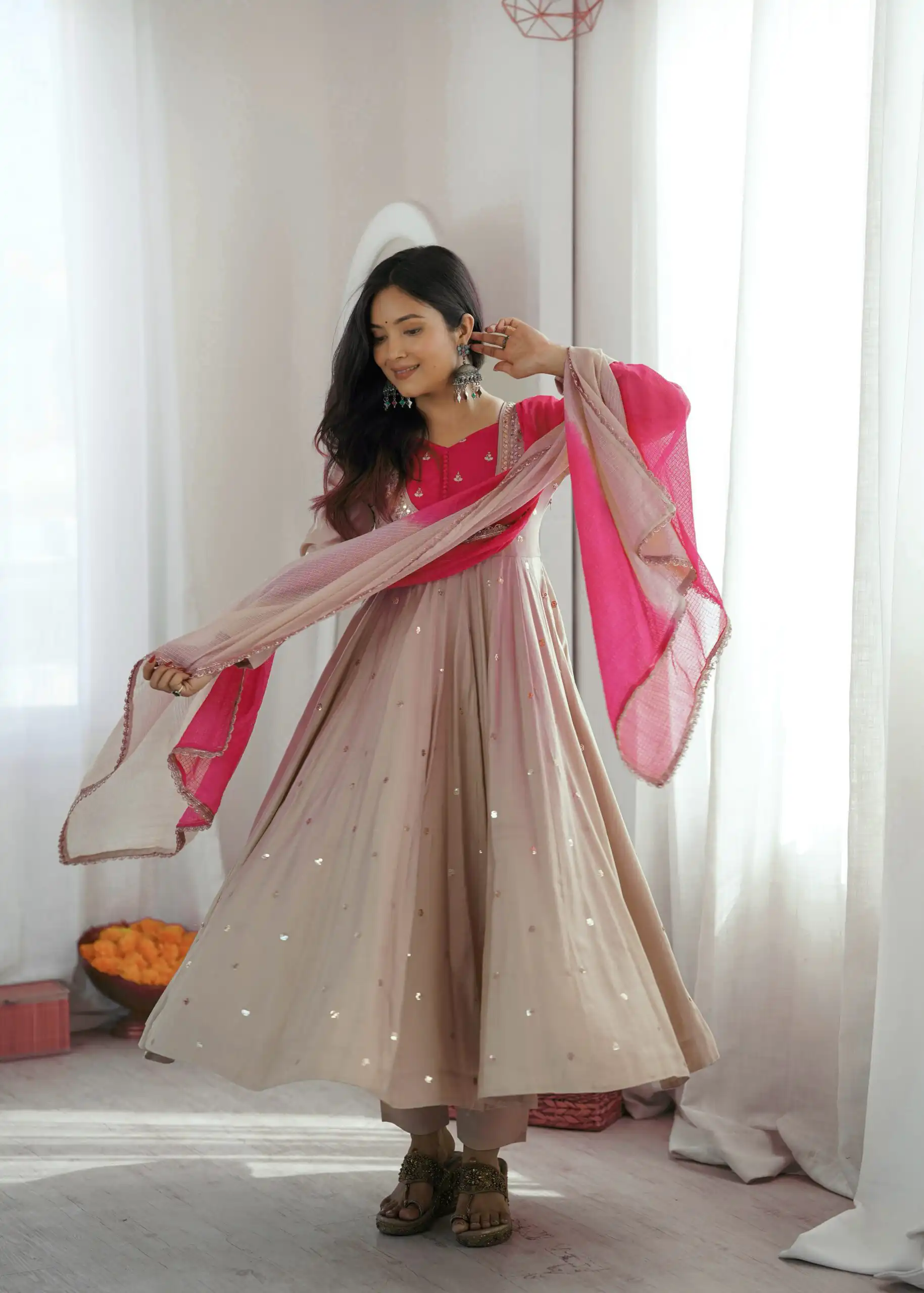 Lovely White Roman Silk Mirror Embroidery Work Gown - Image 2