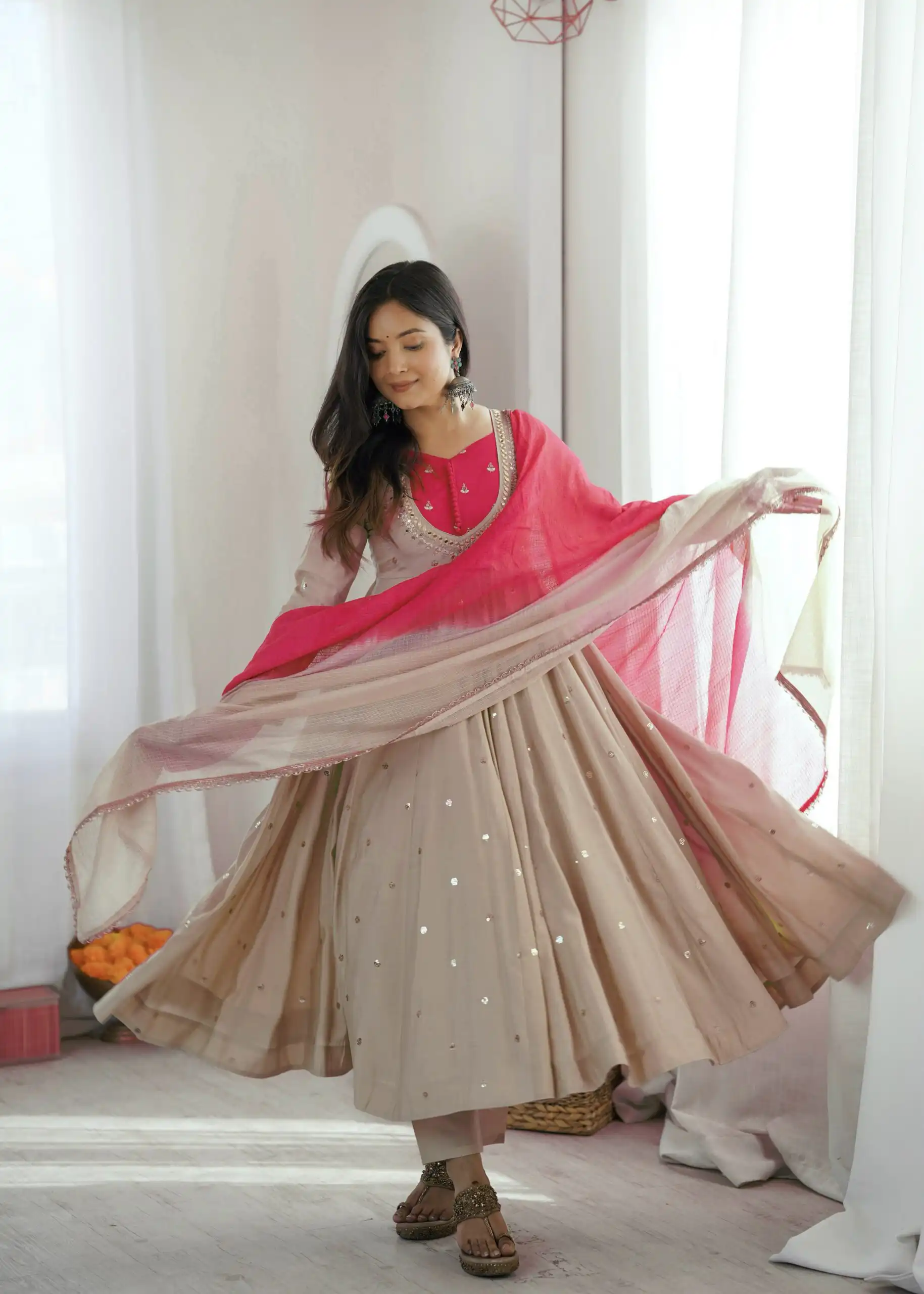 Lovely White Roman Silk Mirror Embroidery Work Gown