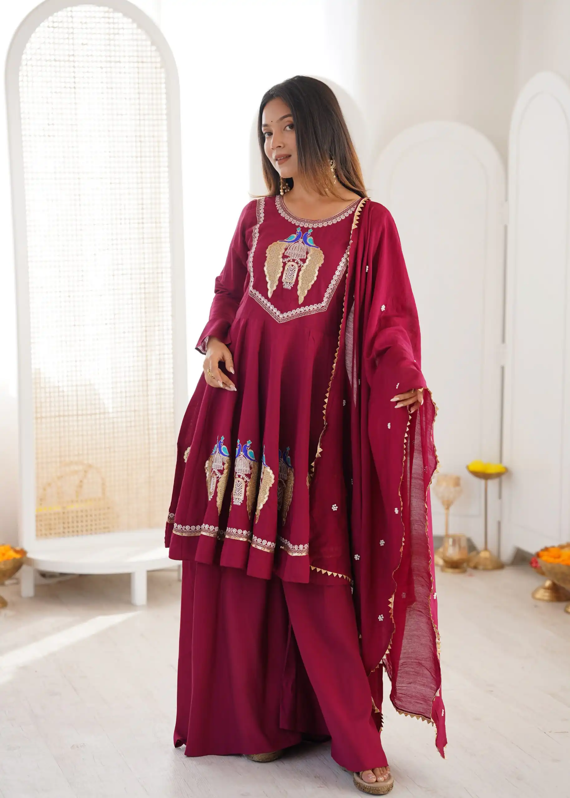 Nice Maroon Roman Silk Embroidery Work Salwar Suit - Image 12