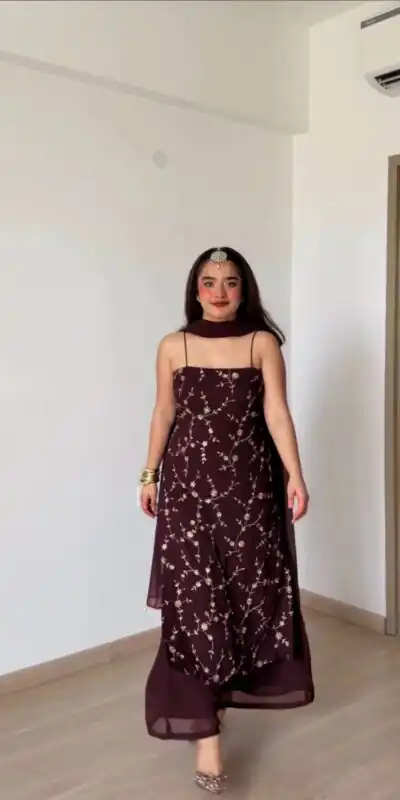 Perfect Brown Faux Georgette Sequences Work Salwar Suit