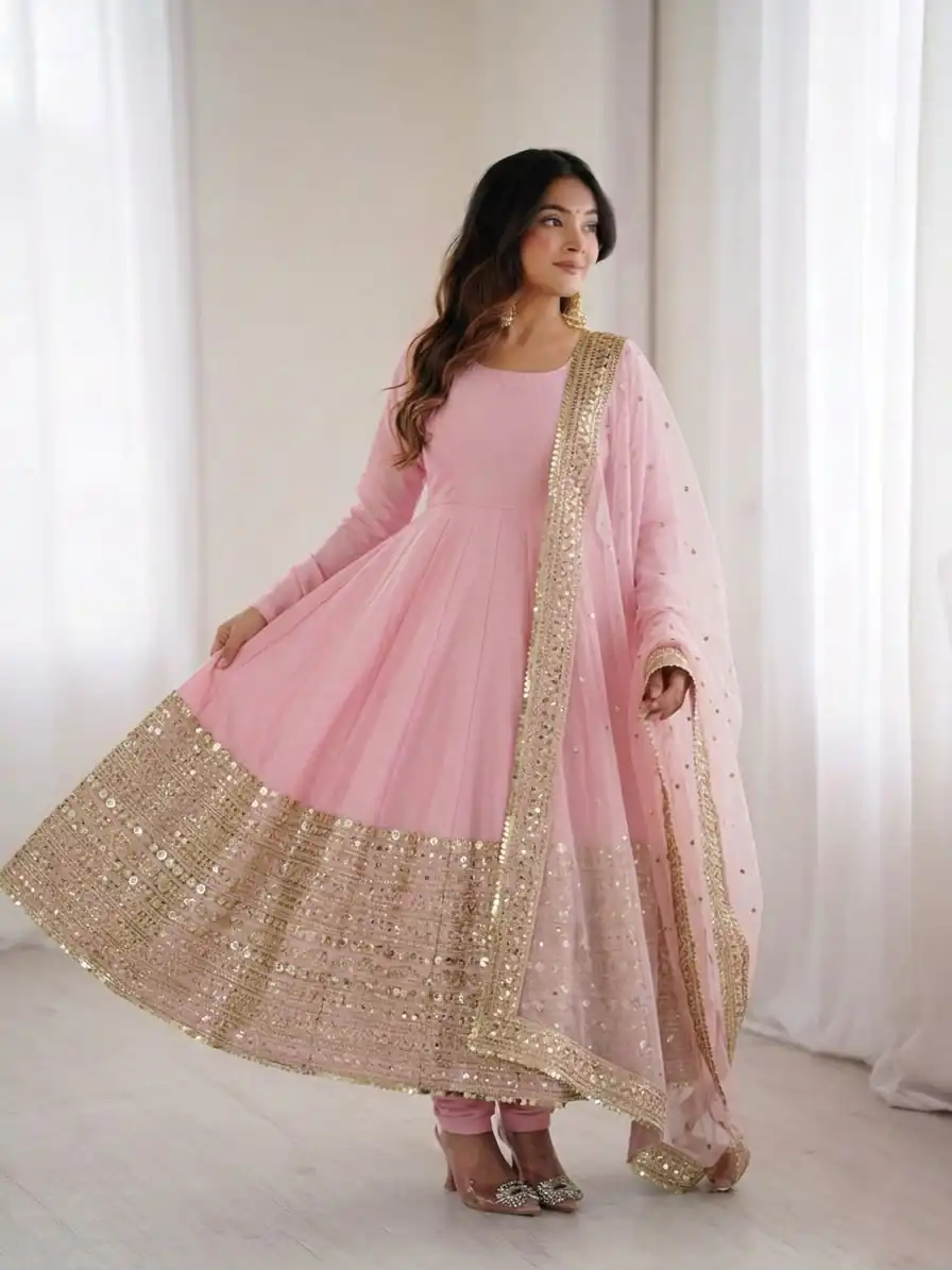 Pink Roman Silk Embroidery Lace Work Gown - Image 5