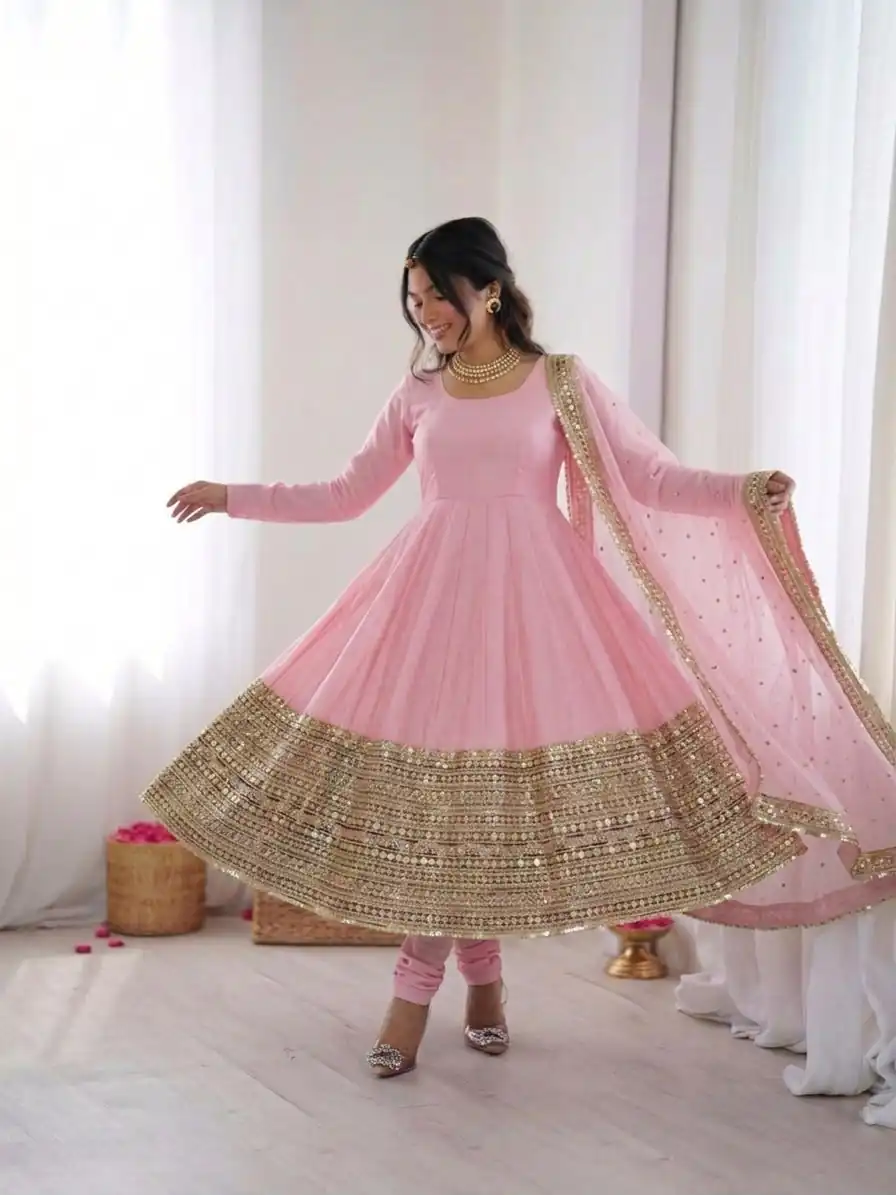 Pink Roman Silk Embroidery Lace Work Gown - Image 3