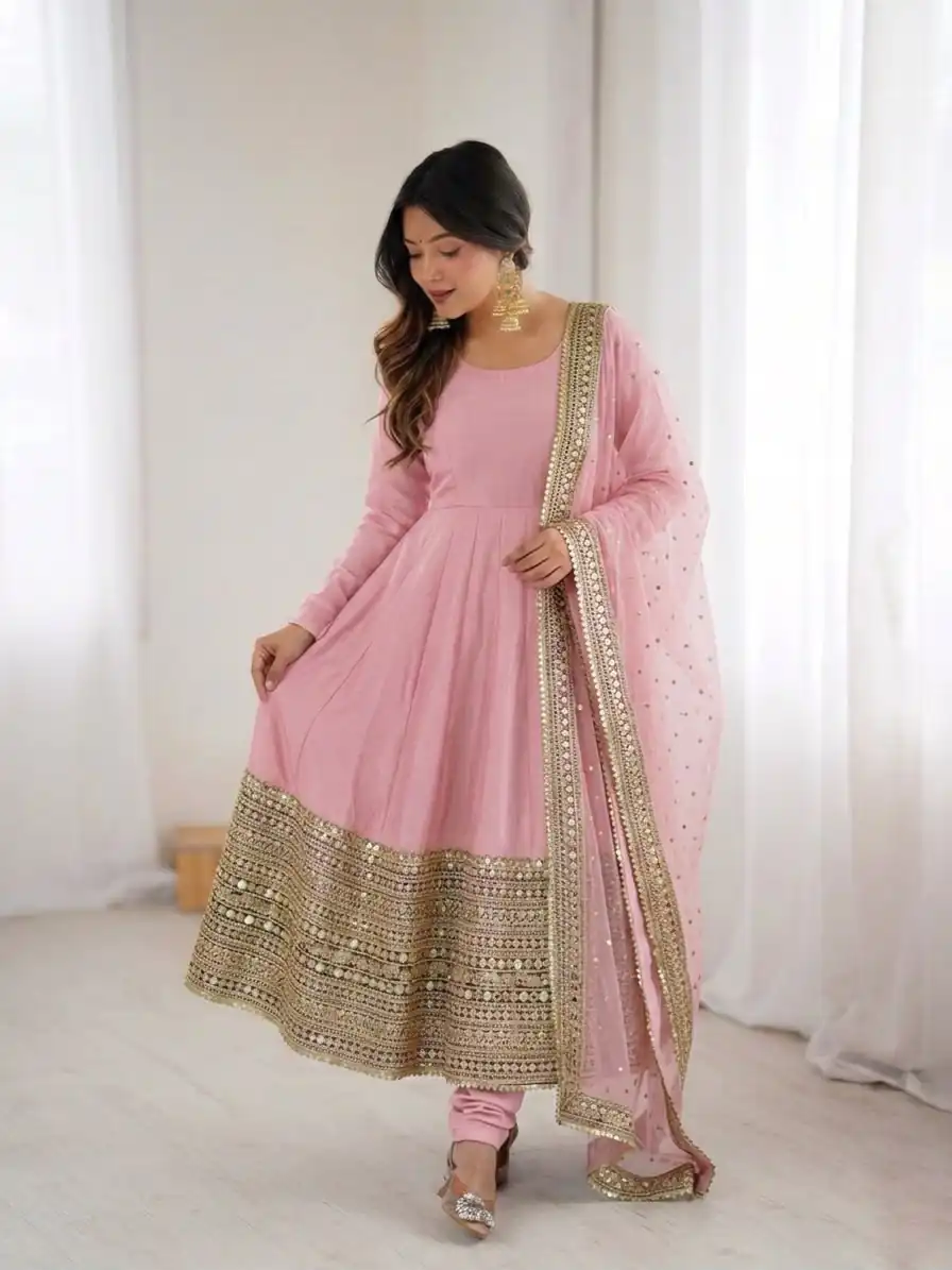 Pink Roman Silk Embroidery Lace Work Gown - Image 2