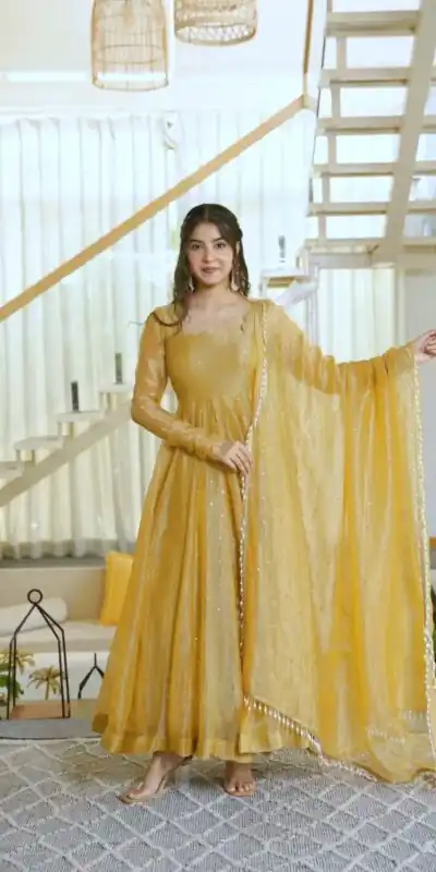 Pretty Gold Salsa Silk Embroidery Work Gown