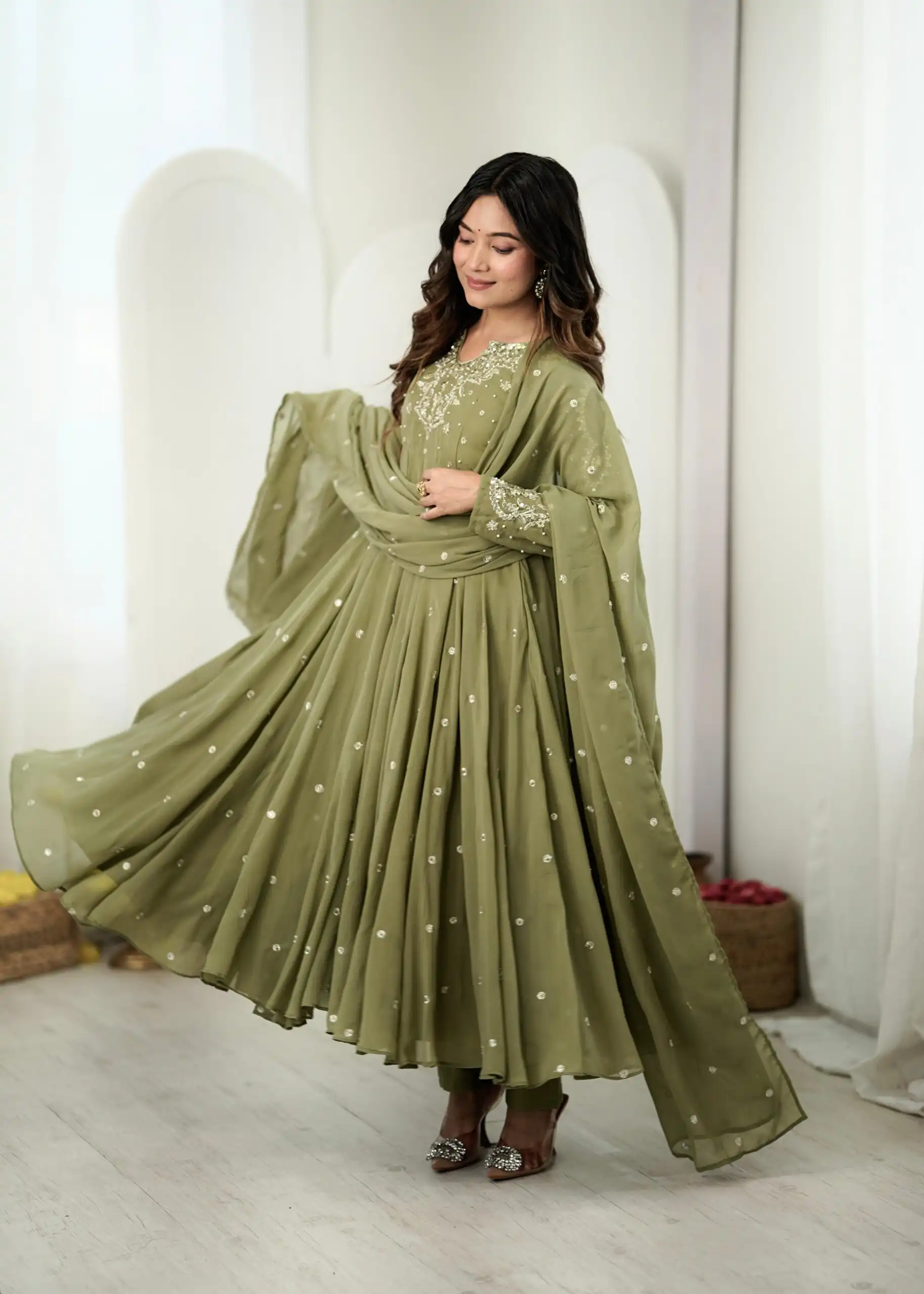 Pretty Sage Green Faux Georgette Embroider Work Salwar Suit - Image 8