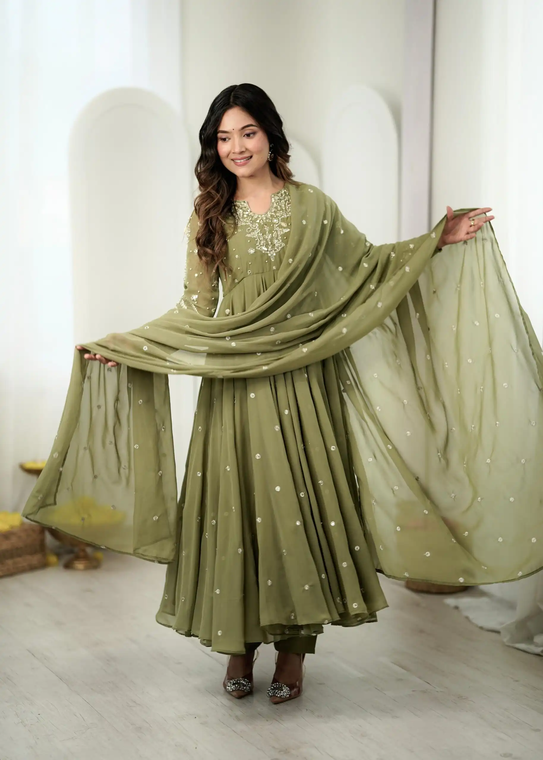 Pretty Sage Green Faux Georgette Embroider Work Salwar Suit - Image 4