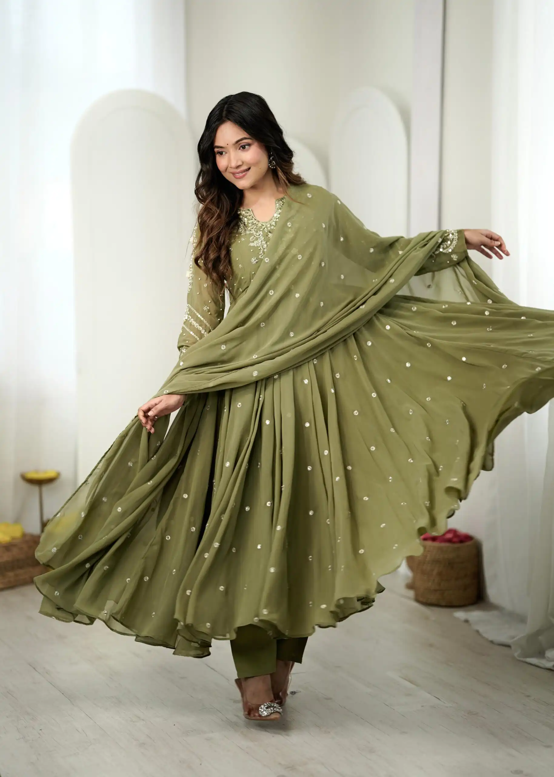 Pretty Sage Green Faux Georgette Embroider Work Salwar Suit - Image 3