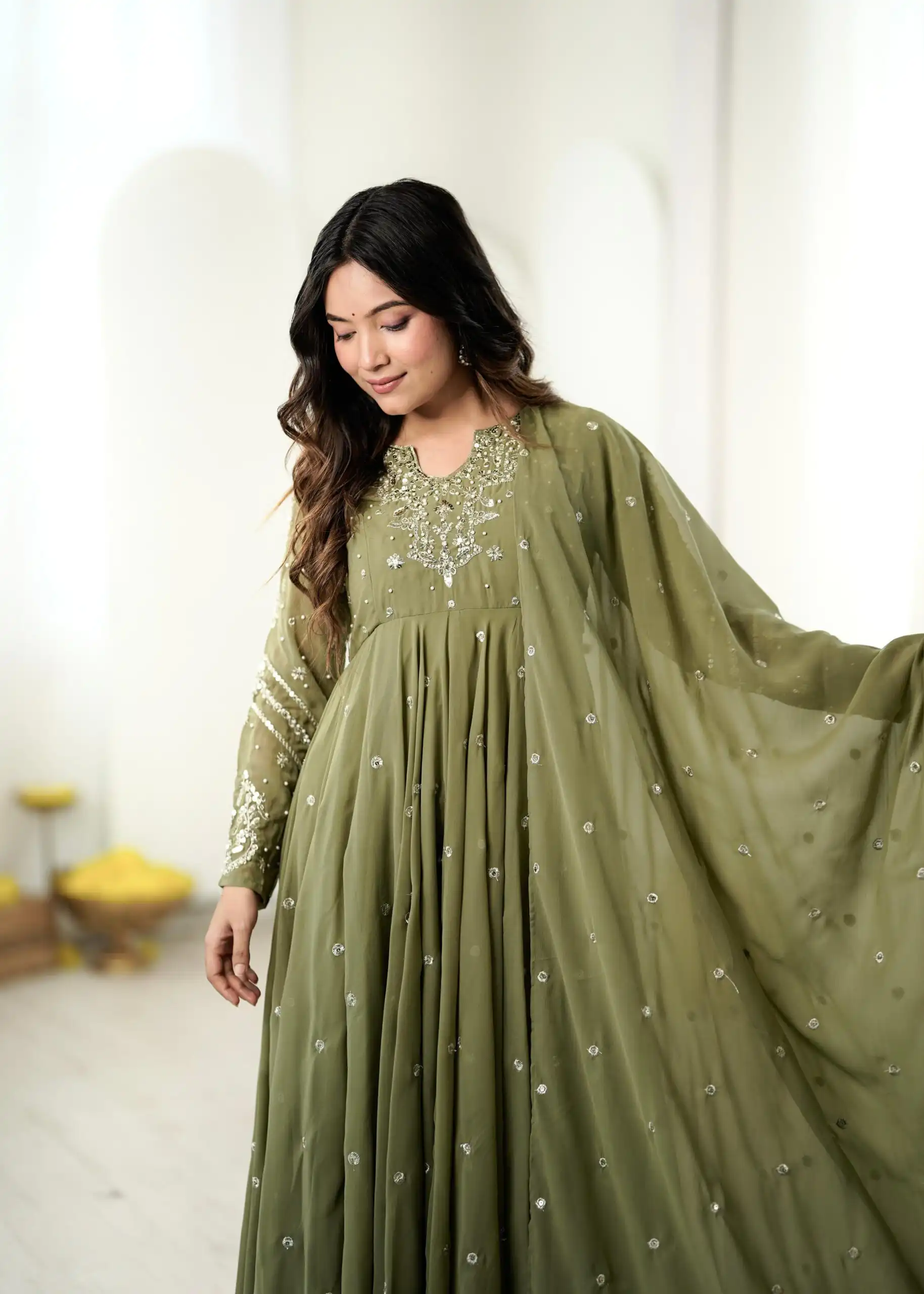 Pretty Sage Green Faux Georgette Embroider Work Salwar Suit - Image 2