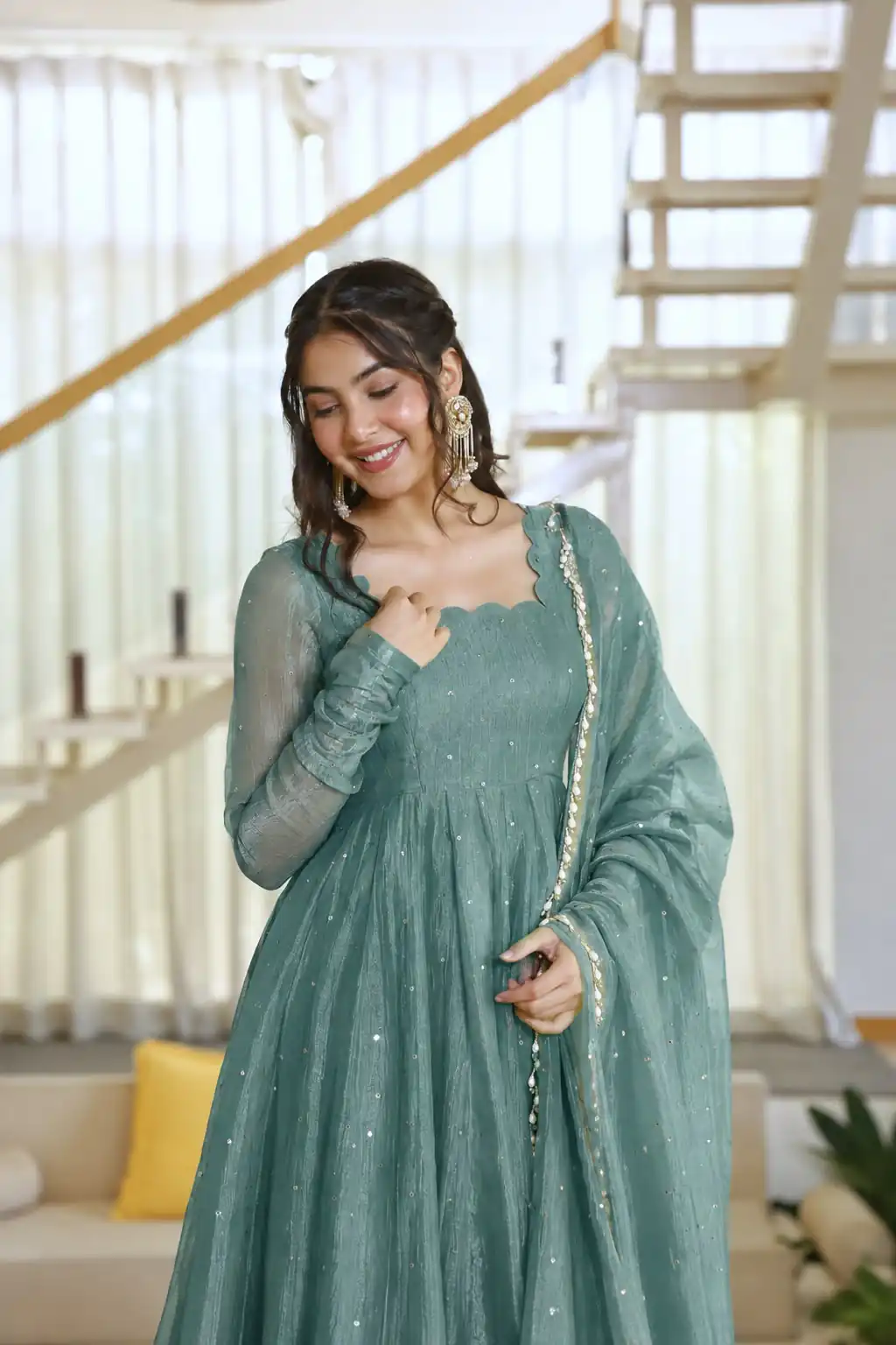 Pretty Teal Salsa Silk Embroidery Work Gown - Image 5