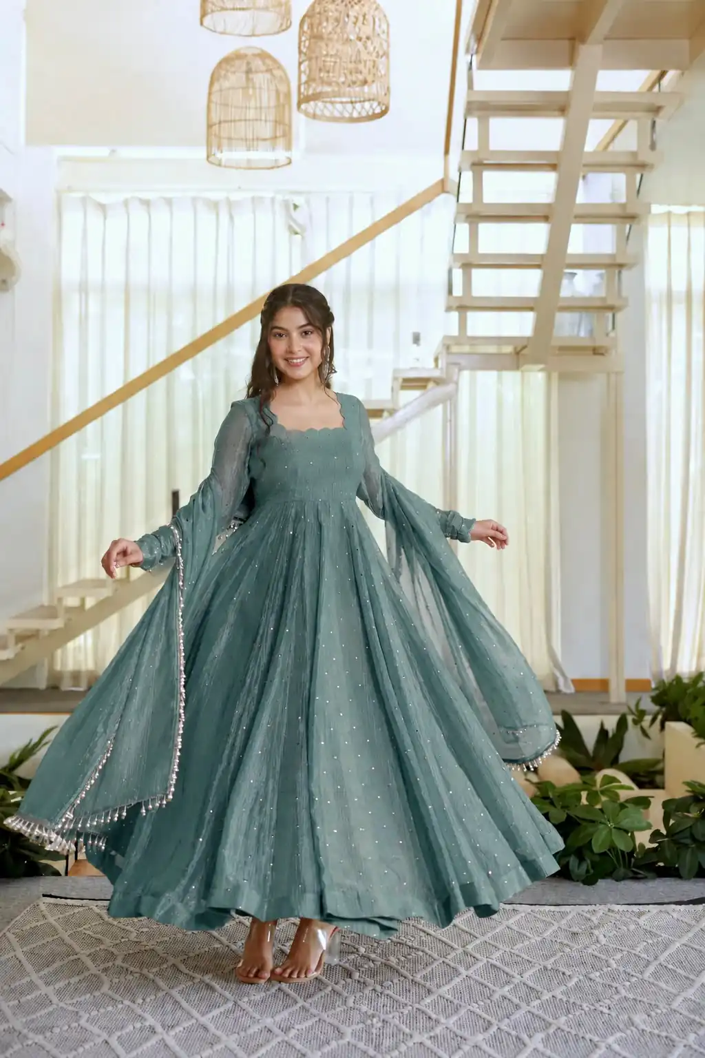 Pretty Teal Salsa Silk Embroidery Work Gown - Image 6