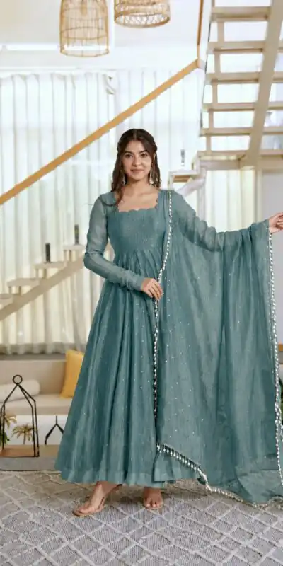 Pretty Teal Salsa Silk Embroidery Work Gown