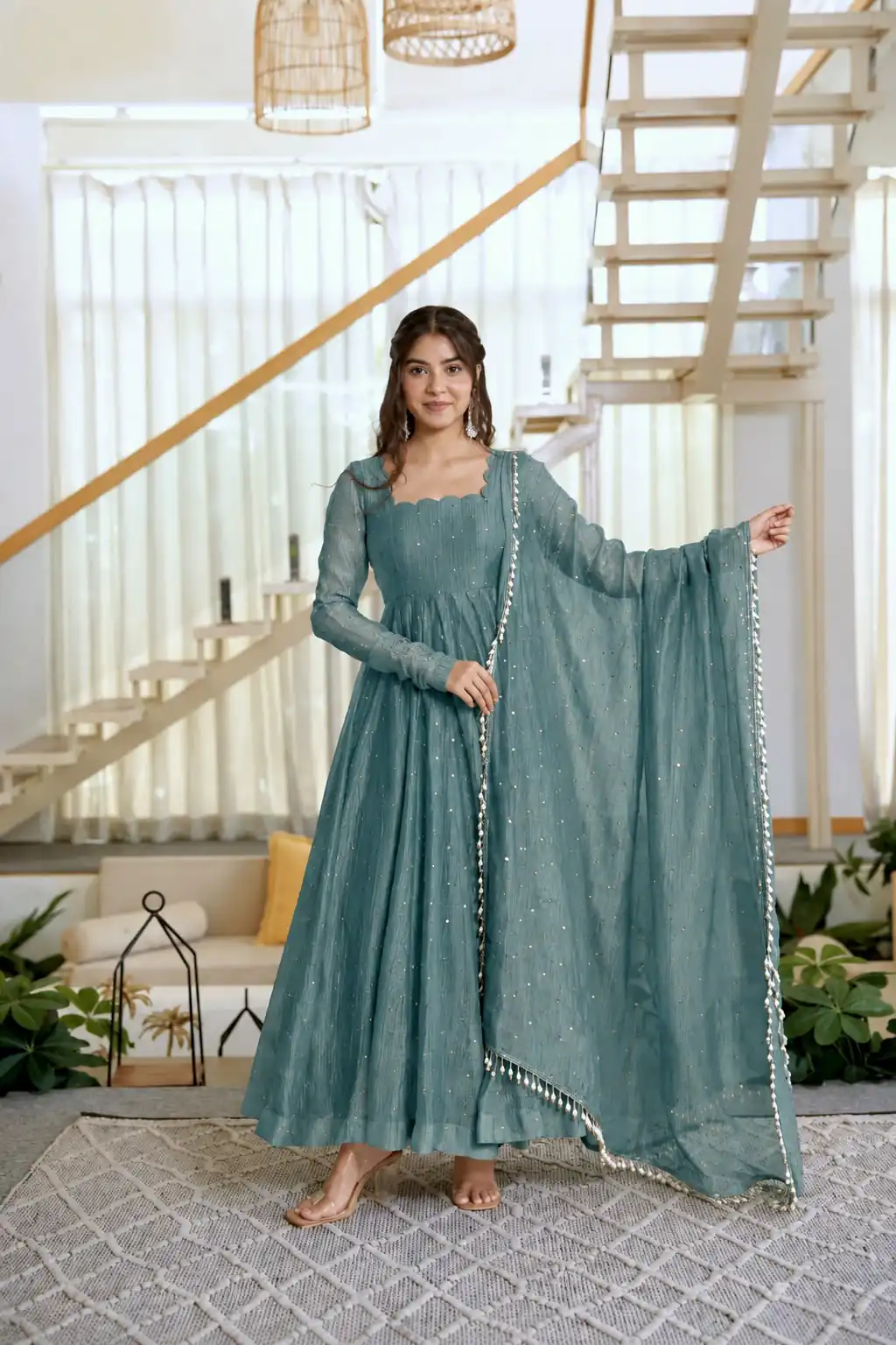 Pretty Teal Salsa Silk Embroidery Work Gown