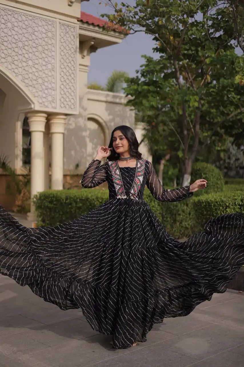 Shiny Black Faux Georgette Laheriya Print Work Gown - Image 2