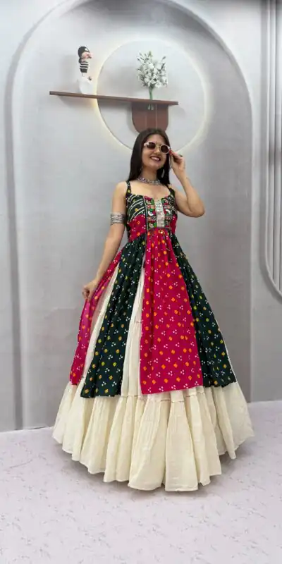 Shiny Black Khadi Cotton Bandhej Mirror Work Lehenga Choli