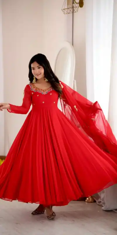 Shiny Red Faux Georgette Sequins Work Gown