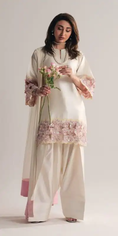 Shiny White Natural Crepe Sequence Work Salwar Suit