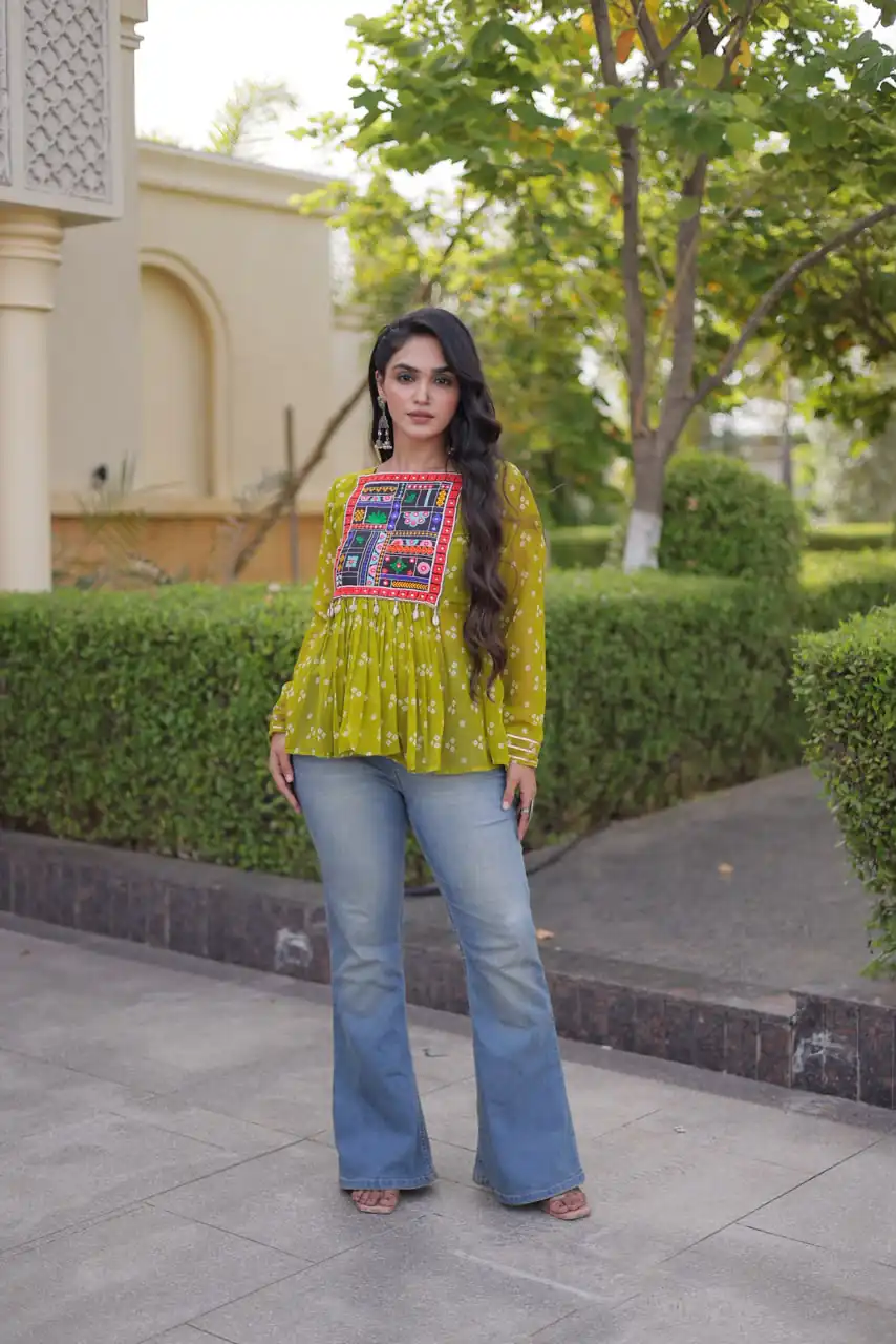 Solid Mehandi Faux Georgette Gamthi Bandhni Work Kurti - Image 3
