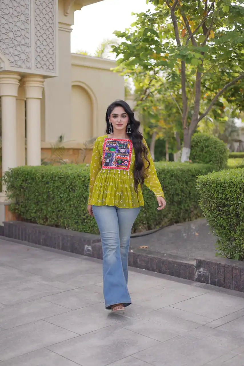 Solid Mehandi Faux Georgette Gamthi Bandhni Work Kurti - Image 2