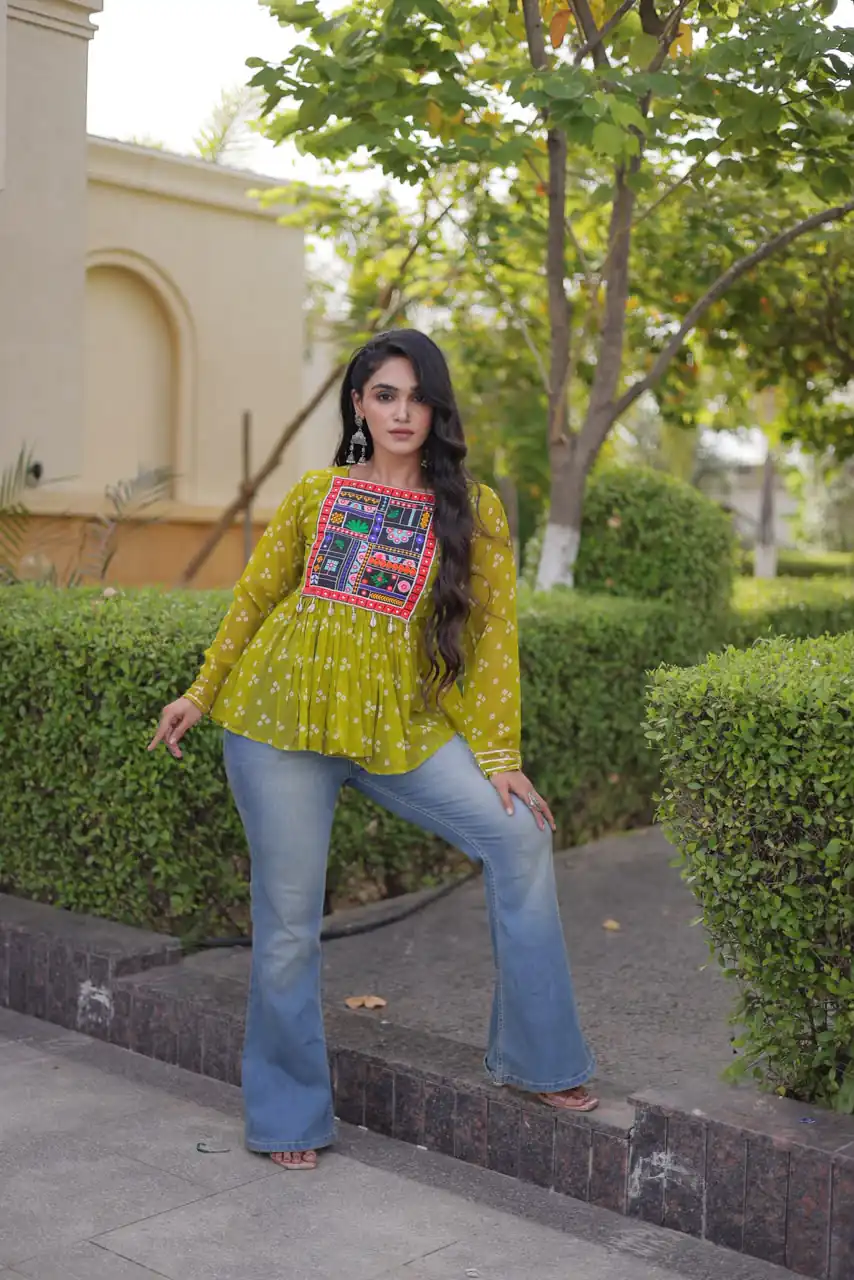 Solid Mehandi Faux Georgette Gamthi Bandhni Work Kurti