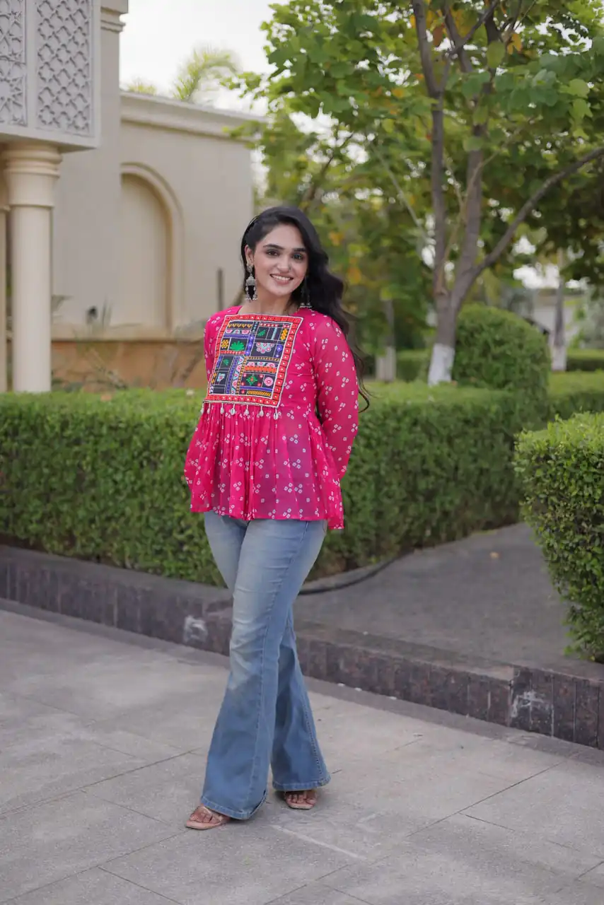 Solid Pink Faux Georgette Gamthi Bandhni Work Kurti - Image 3