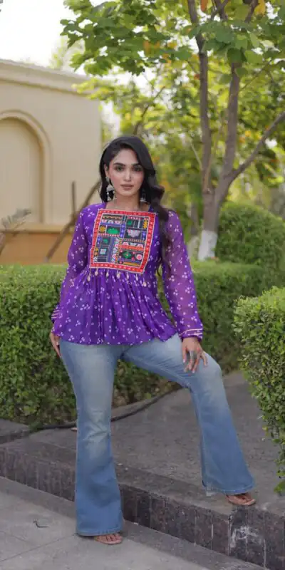 Alternative view of Solid Purple Faux Georgette Gamthi Bandhni Work Kurti
