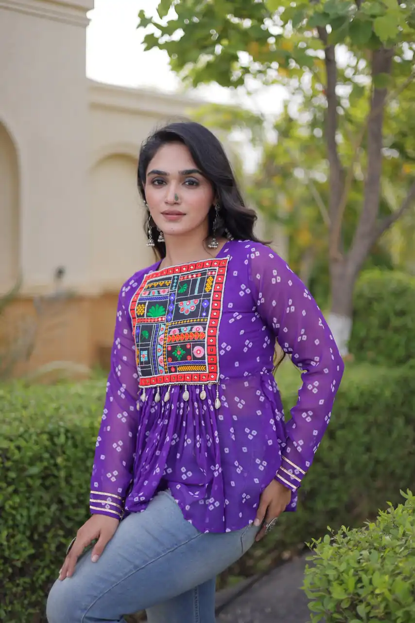 Solid Purple Faux Georgette Gamthi Bandhni Work Kurti - Image 5
