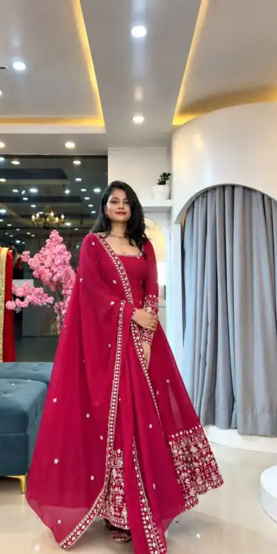 Stunning Pink Crunchy Silk Embroidery Work Gown