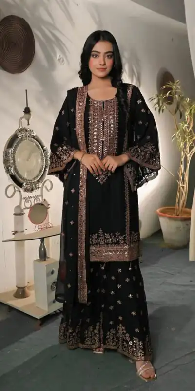 Super Black Fendy Silk Sequins Work Salwar Suit