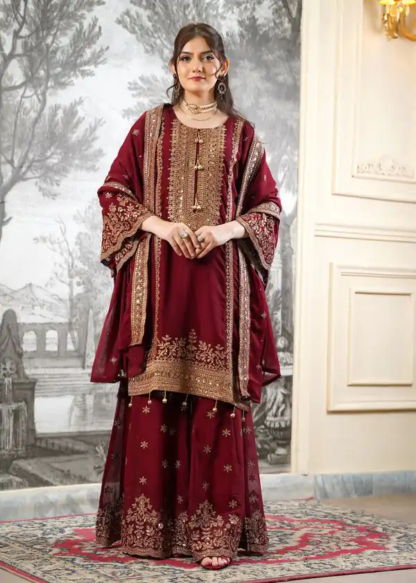 Super Maroon Fendy Silk Sequins Work Salwar Suit - Image 2