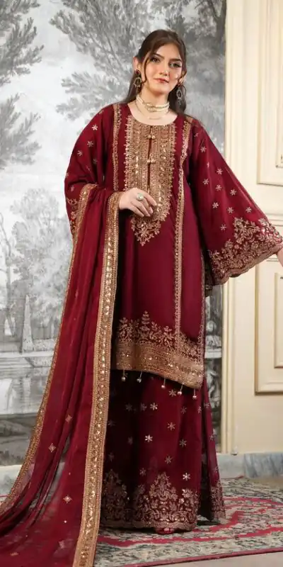 Super Maroon Fendy Silk Sequins Work Salwar Suit